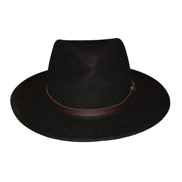 SCALA $70 Black Wool Felt Wide Brim Fedora Safari Hat Leather Band S / M - Picture 2 of 6